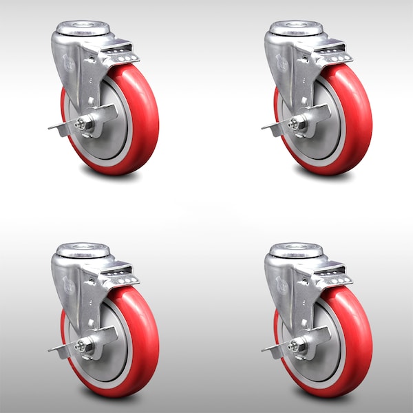 5 Inch SS Red Polyurethane Wheel Swivel Bolt Hole Caster Set with Brake SCC